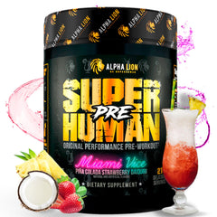 ALPHA LION Superhuman pre-workout bottle showcases premium packaging for daily training.