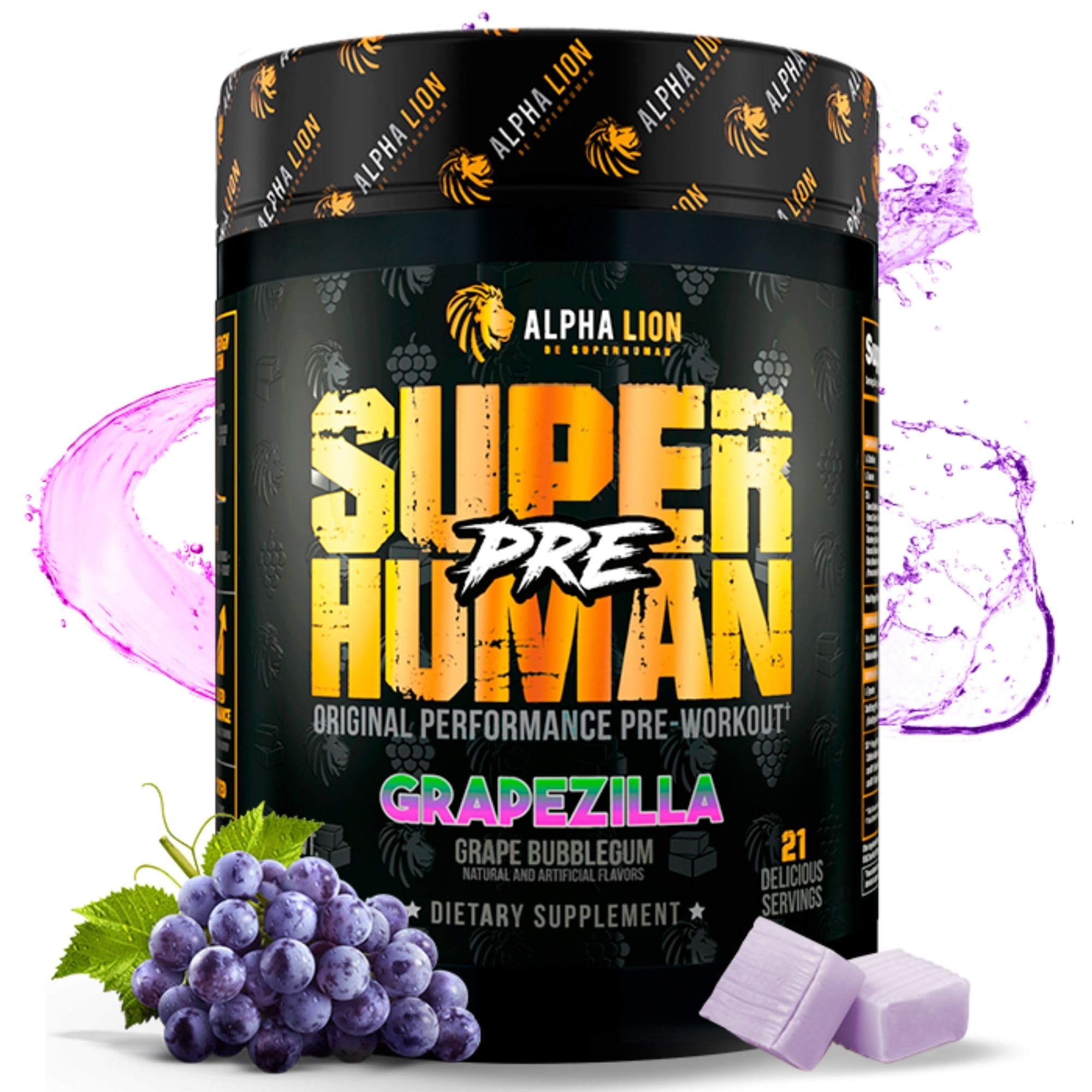 ALPHA LION Superhuman pre-workout grape bubblegum tub for energy and focus