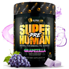 ALPHA LION Superhuman pre-workout grape bubblegum tub for energy and focus