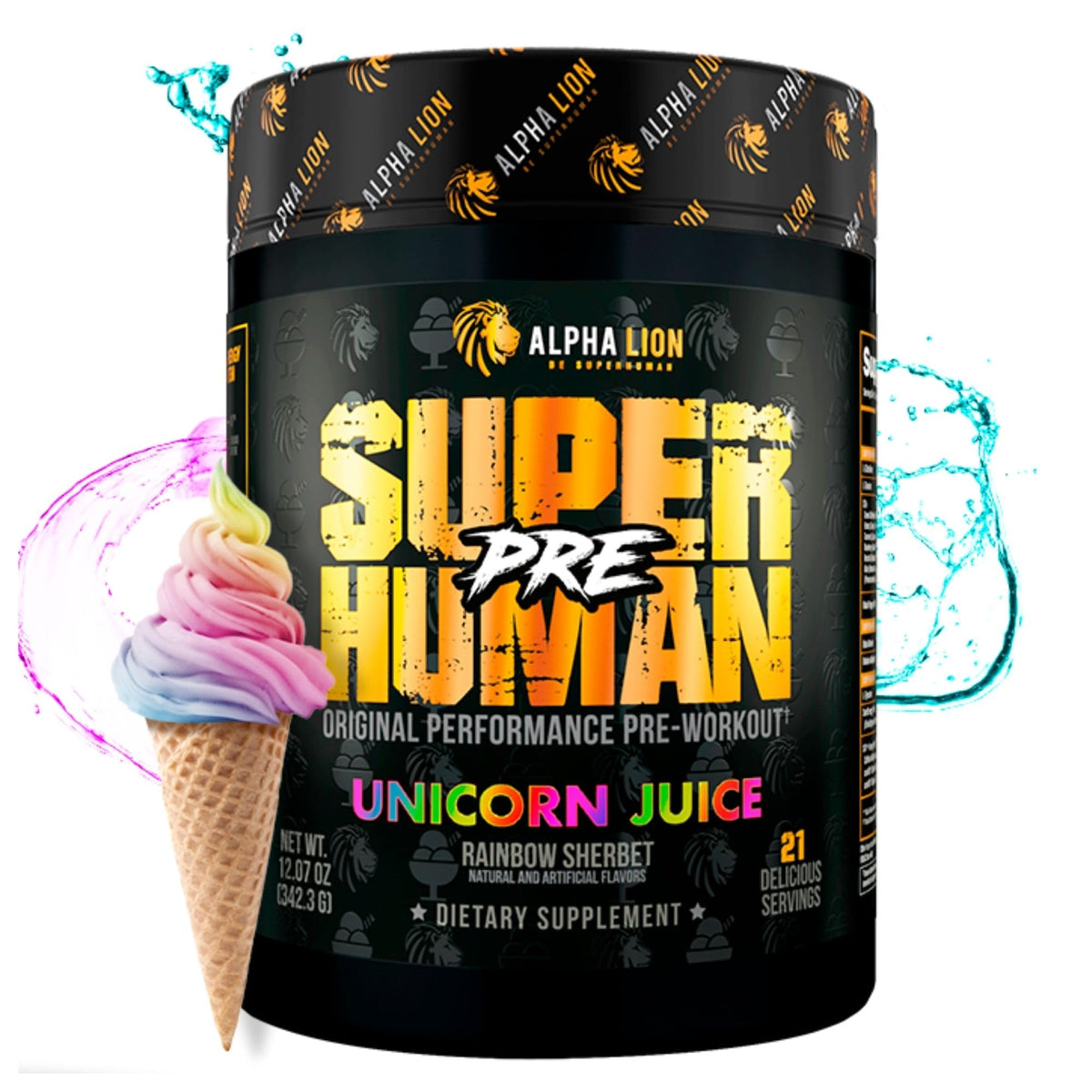 ALPHA LION Superhuman pre workout powder in Unicorn Juice tub for sustained energy