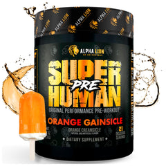 ALPHA LION Superhuman pre-workout scoop with orange gainsicle for sustained energy.