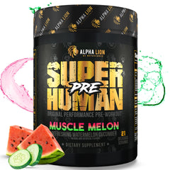 ALPHA LION Superhuman Pre-Workout tub with bold label signaling energy and focus benefits