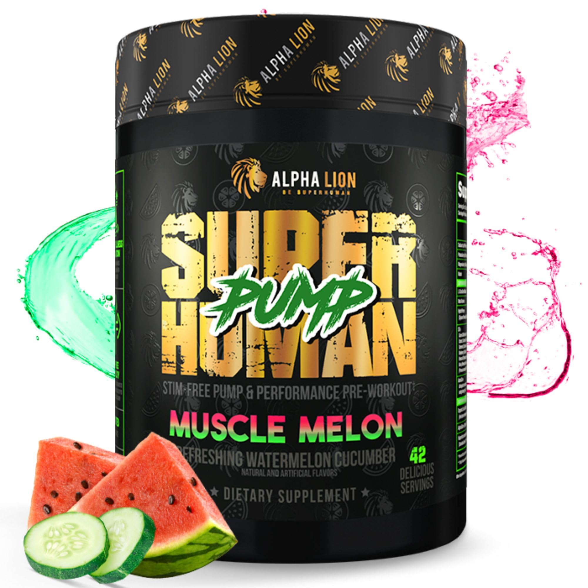 ALPHA LION Superhuman Pump bottle label shows stimulant-free pre-workout for pumps