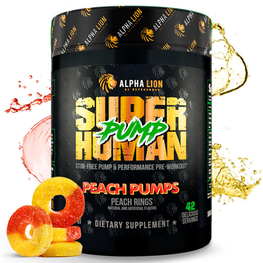 ALPHA LION Superhuman Pump bottle pour showing peach flavor for a quick pre-workout boost