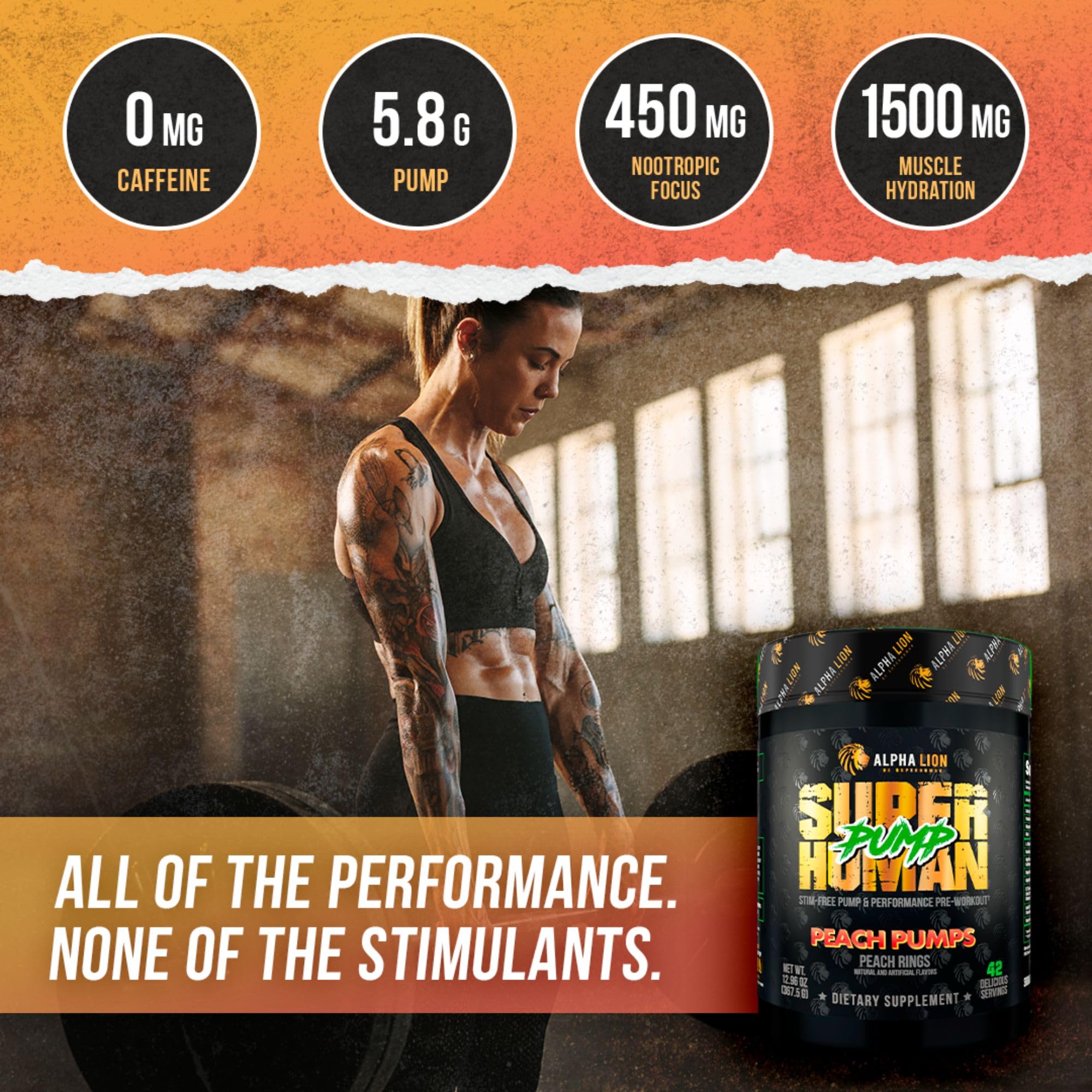 ALPHA LION Superhuman Pump label closeup highlights caffeine-free focus support