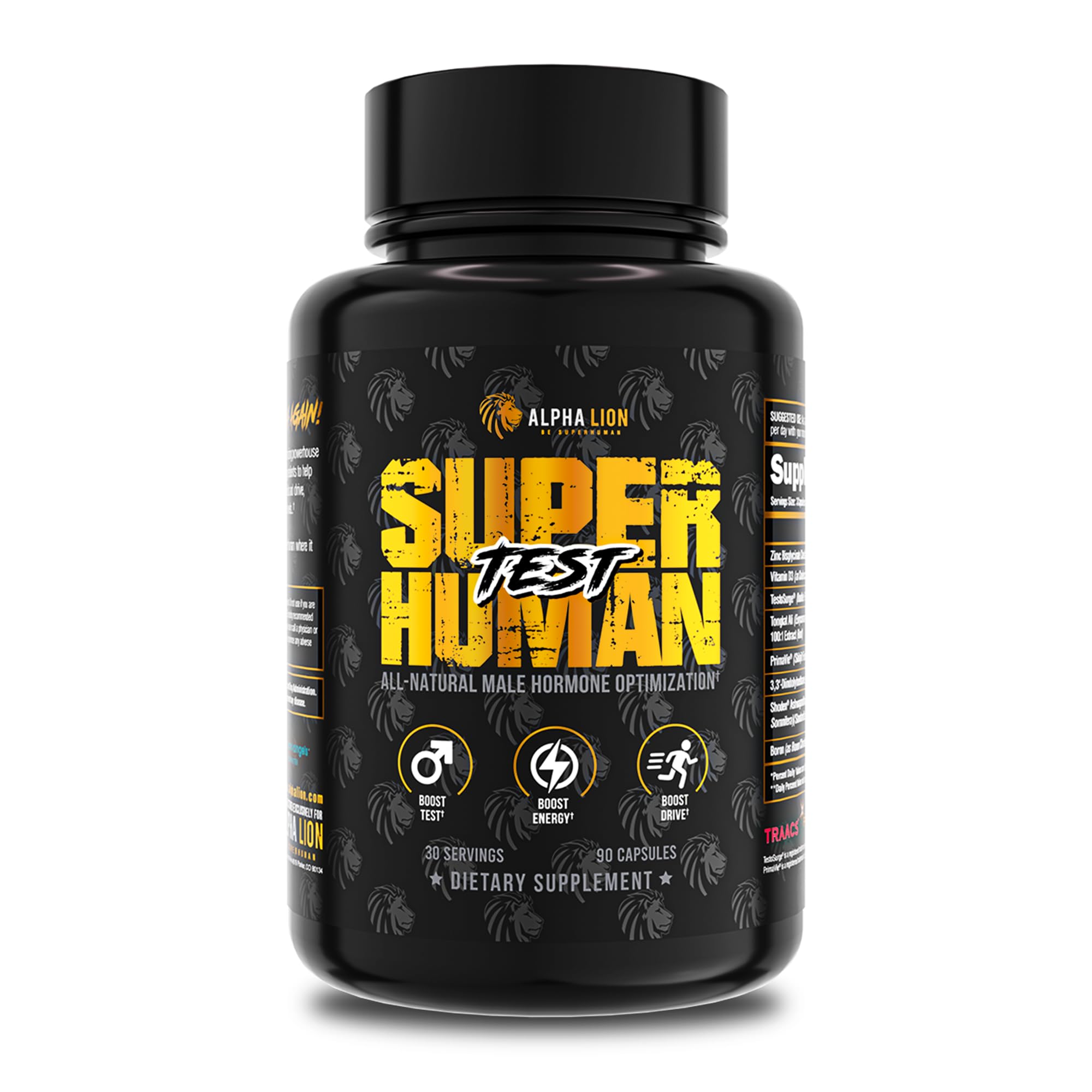 ALPHA LION Superhuman Test bottle front view highlighting energy support for workouts