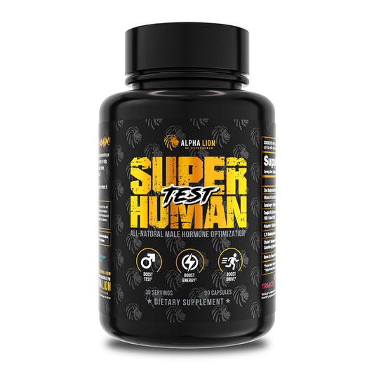 ALPHA LION Superhuman Test bottle front view highlighting energy support for workouts