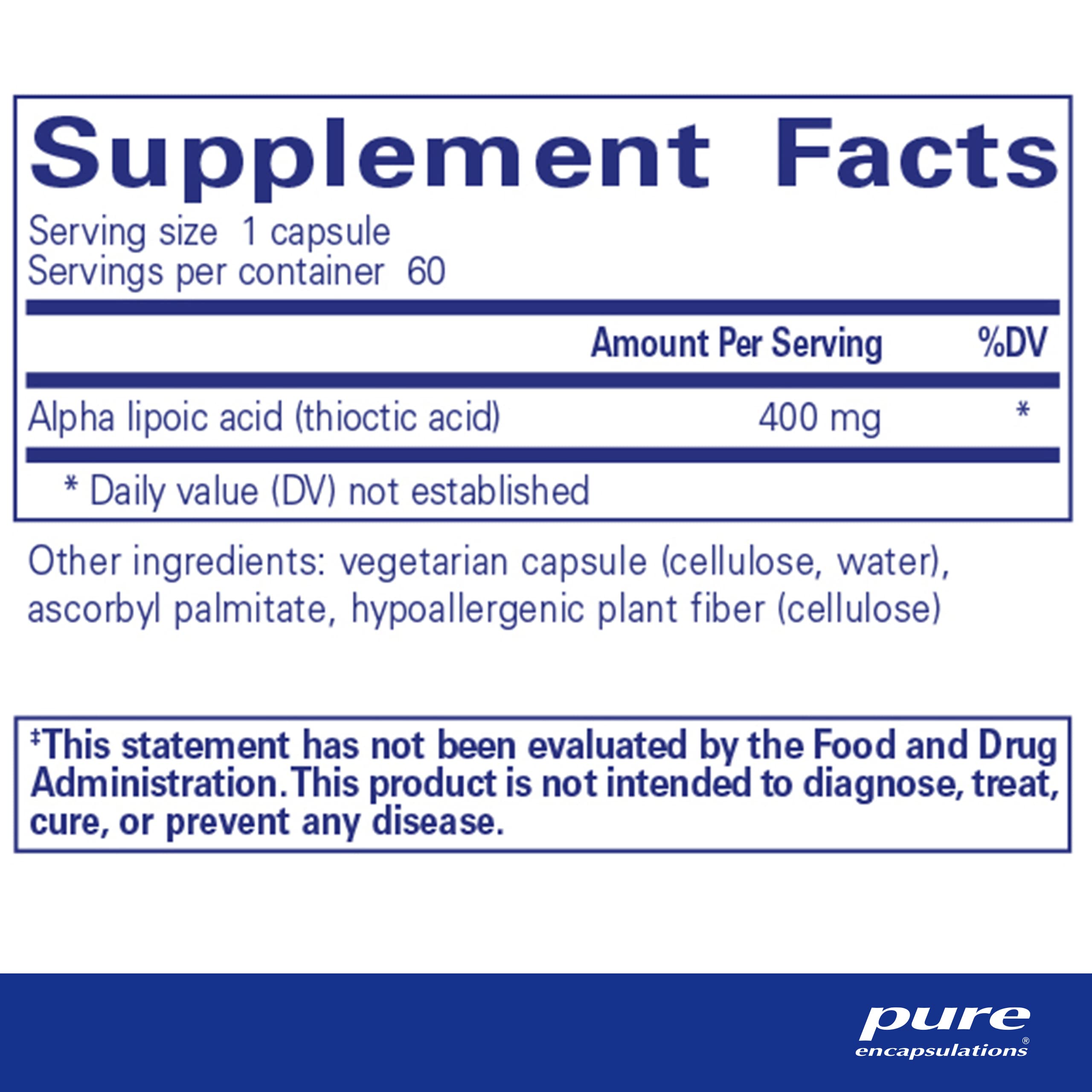 Alpha Lipoic Acid 400 mg capsules, close-up, showing dosage.
