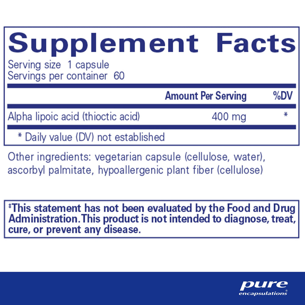 Alpha Lipoic Acid 400 mg capsules, close-up, showing dosage.