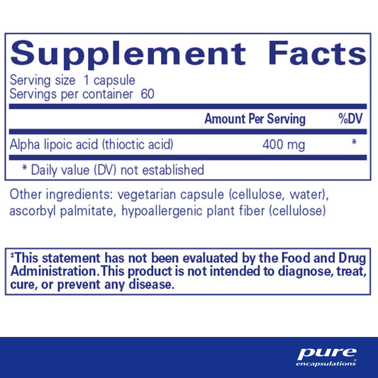 Alpha Lipoic Acid 400 mg capsules, close-up, showing dosage.