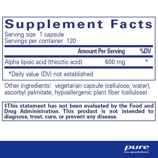 Alpha Lipoic Acid 600mg capsules closeup highlighting compact, easy-to-take capsules for nerve health.