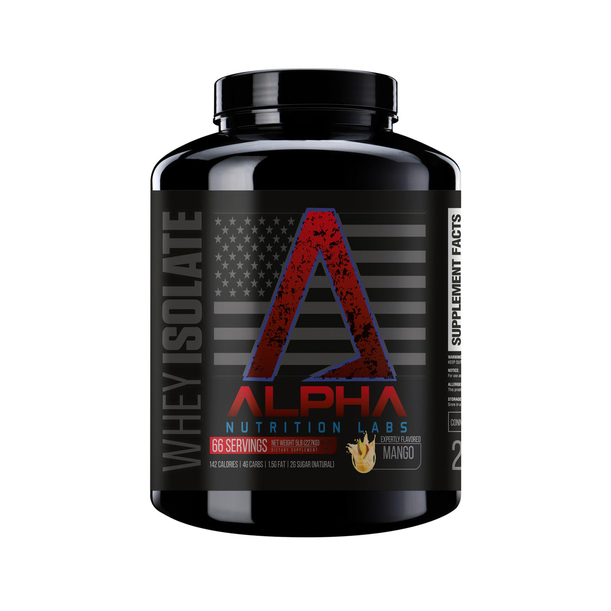 Alpha Nutrition Labs vanilla whey isolate powder with scoop for post-workout recovery