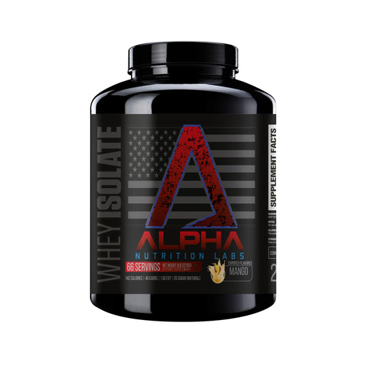 Alpha Nutrition Labs vanilla whey isolate powder with scoop for post-workout recovery