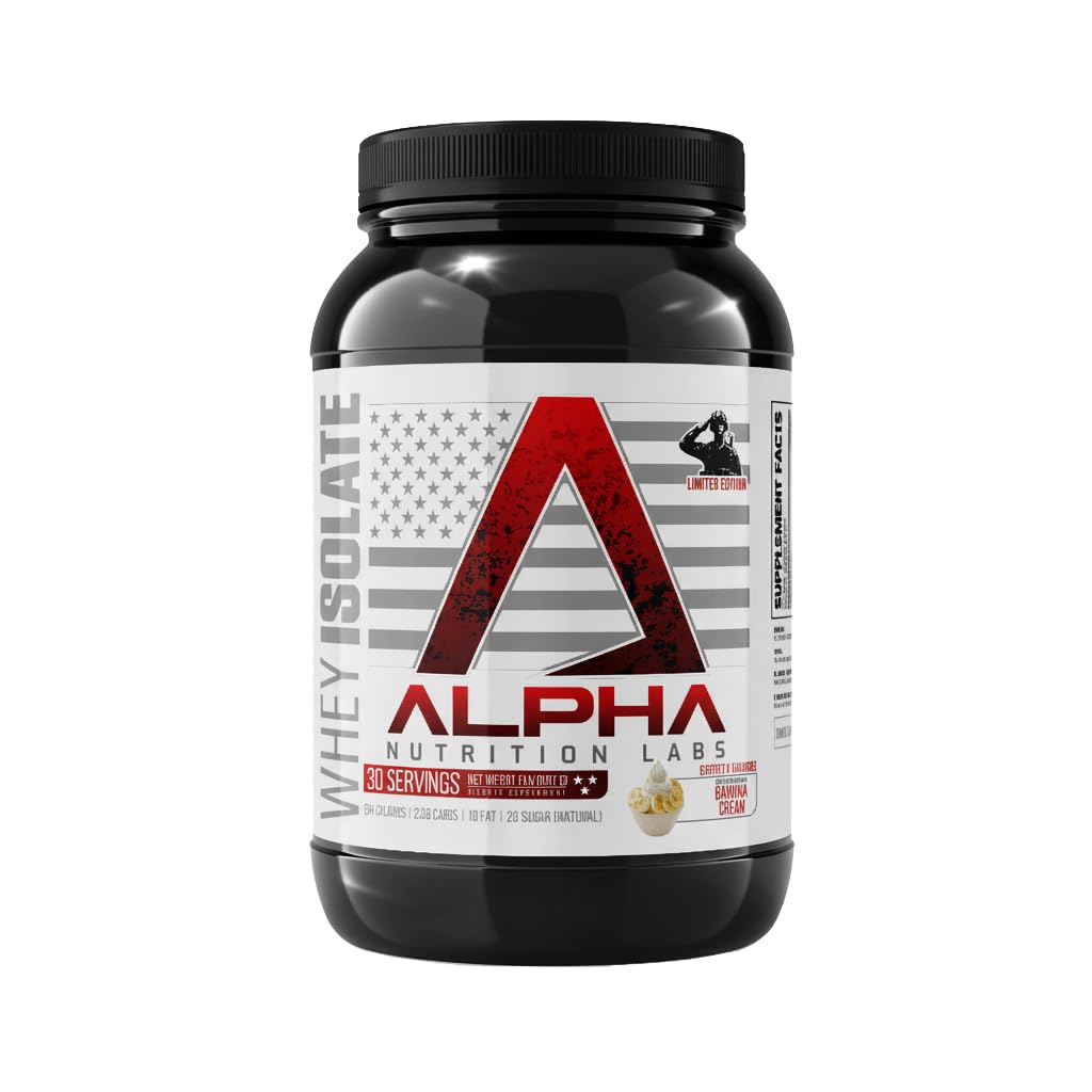Alpha Nutrition Labs Whey Isolate Banana Cream bottle highlighting label for muscle support