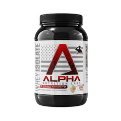 Alpha Nutrition Labs Whey Isolate Banana Cream bottle highlighting label for muscle support