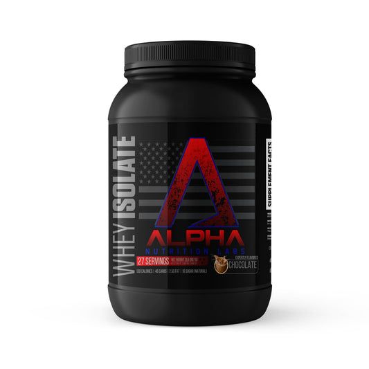 Alpha Nutrition Labs Whey Isolate Chocolate bottle highlighting protein for muscle recovery.