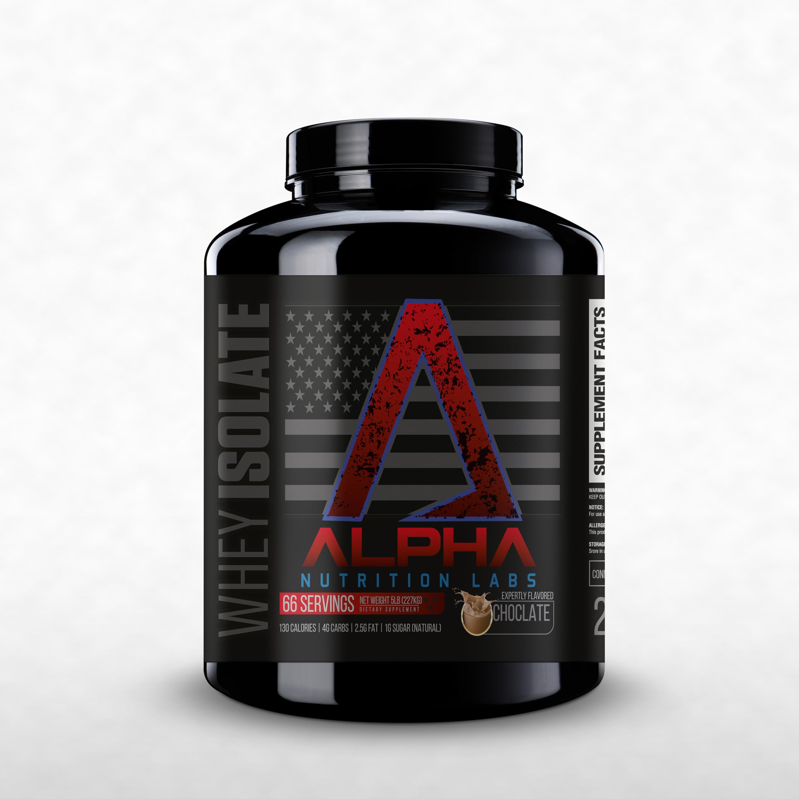 Alpha Nutrition Labs Whey Isolate chocolate scoop provides post-workout protein support.