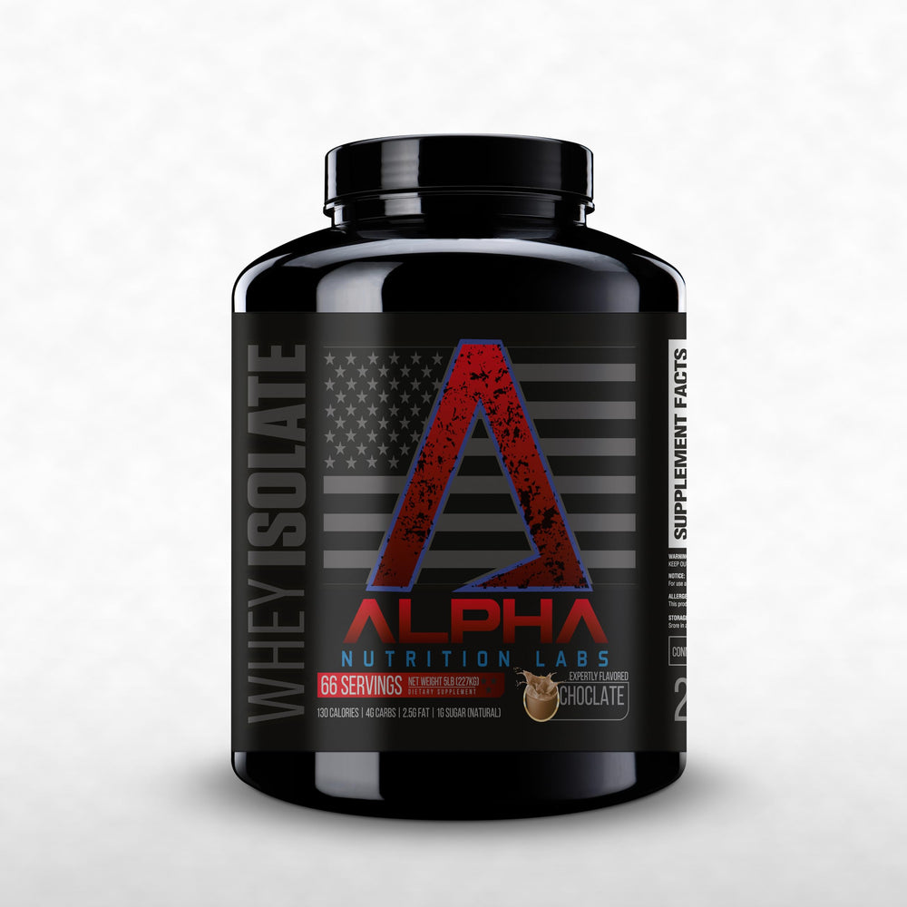 Alpha Nutrition Labs Whey Isolate chocolate scoop provides post-workout protein support.