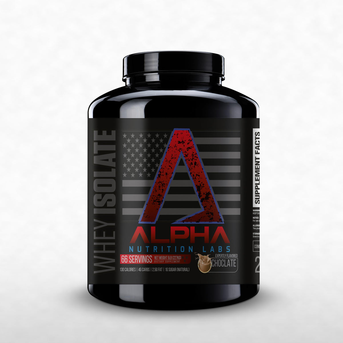 Alpha Nutrition Labs Whey Isolate chocolate scoop provides post-workout protein support.