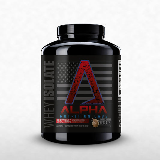 Alpha Nutrition Labs Whey Isolate chocolate scoop provides post-workout protein support.