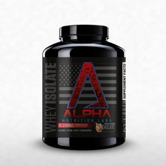Alpha Nutrition Labs Whey Isolate chocolate scoop provides post-workout protein support.