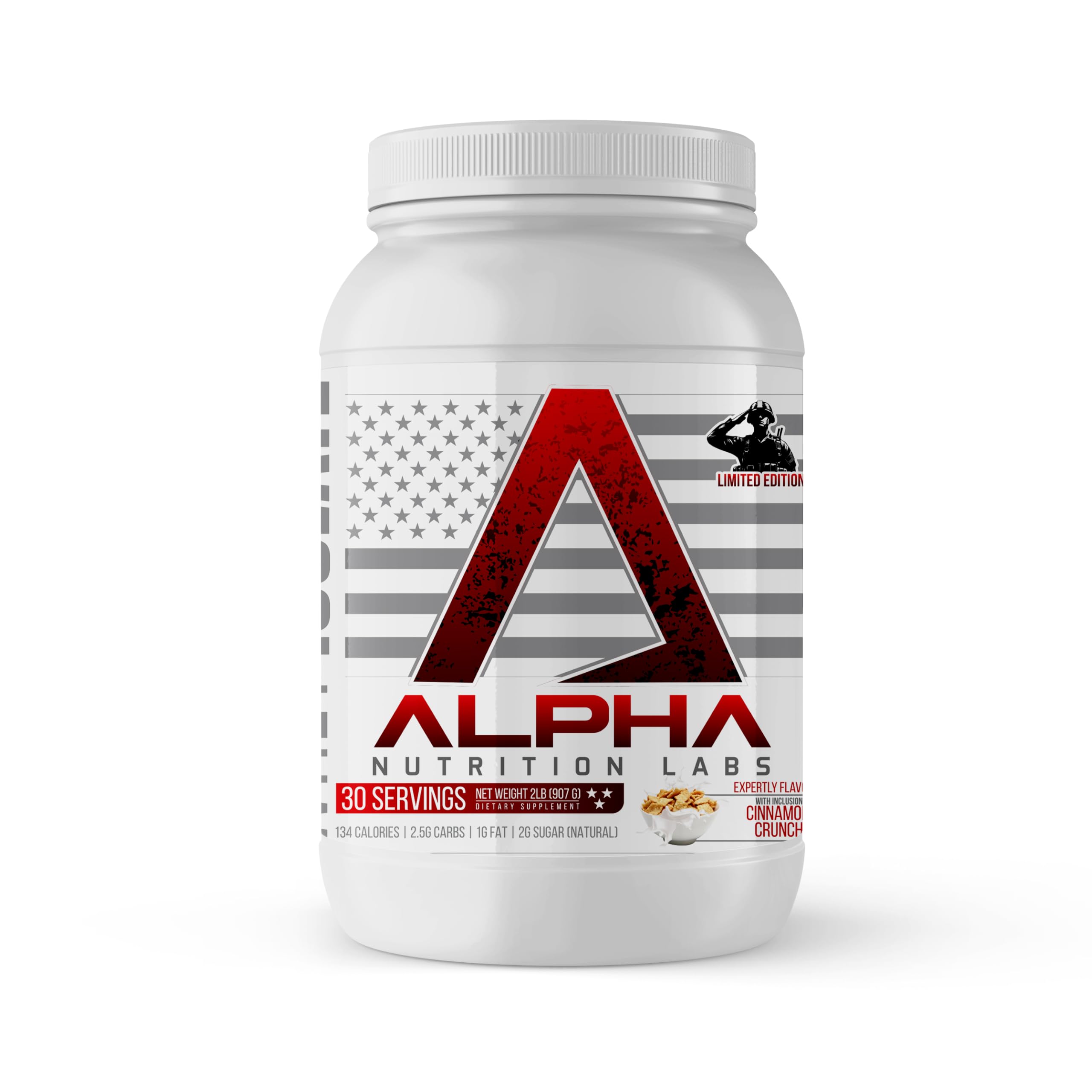 Alpha Nutrition Labs Whey Isolate Cinnamon Crunch bottle supports muscle recovery with fast-absorbing protein.