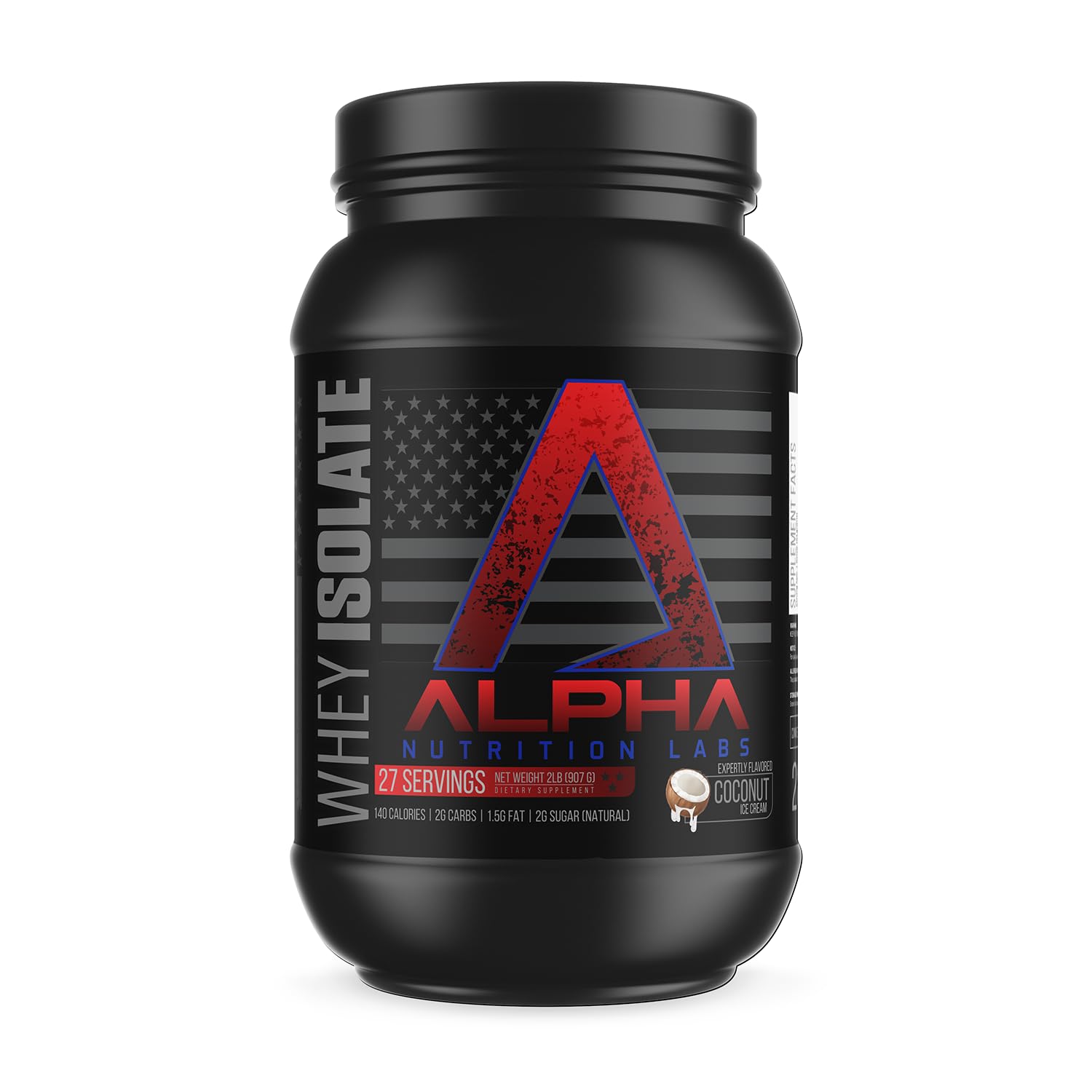 Alpha Nutrition Labs Whey Isolate Coconut Ice Cream tub highlighting 28g protein per serving.