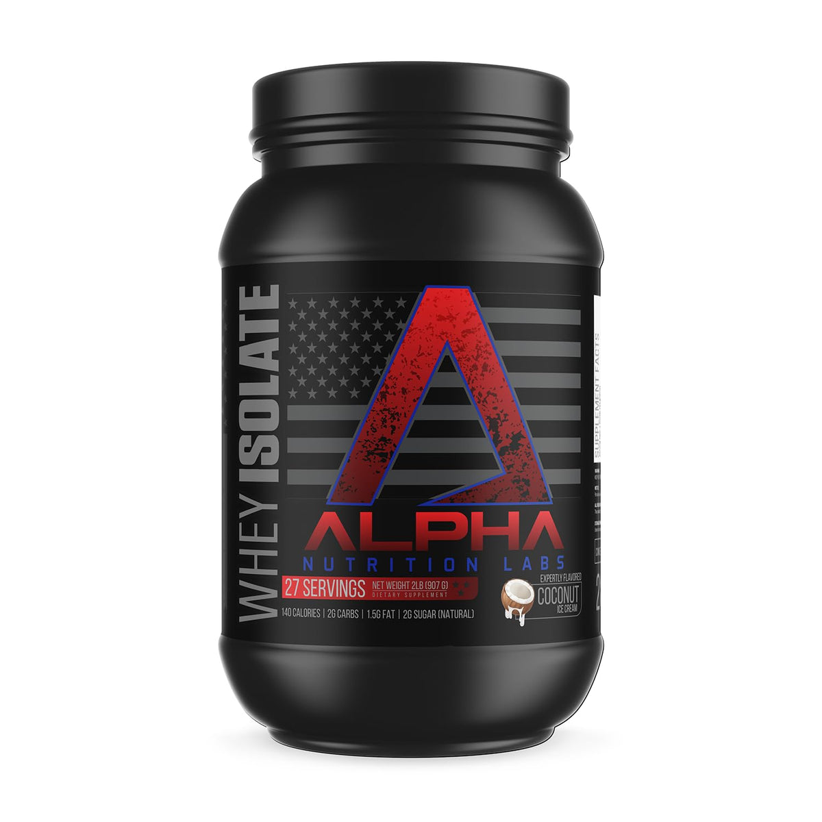 Alpha Nutrition Labs Whey Isolate Coconut Ice Cream tub highlighting 28g protein per serving.