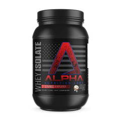 Alpha Nutrition Labs Whey Isolate Coconut Ice Cream tub highlighting 28g protein per serving.