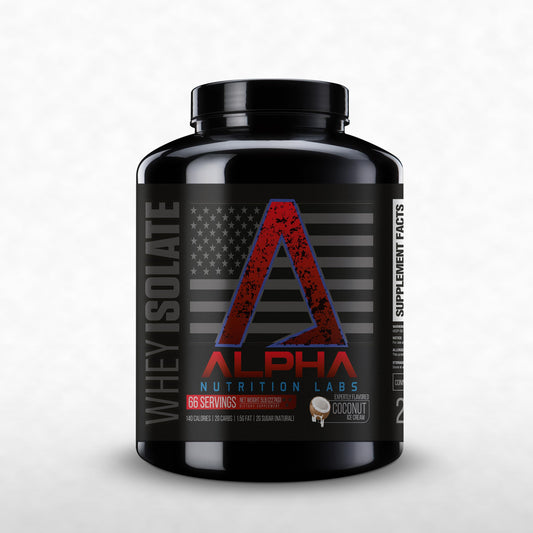 Alpha Nutrition Labs Whey Isolate Coconut tub for muscle support with fast-absorbing protein.