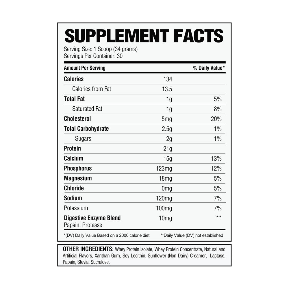 Alpha Nutrition Labs Whey Isolate Cinnamon Crunch nutrition panel highlights high protein, low carbs.