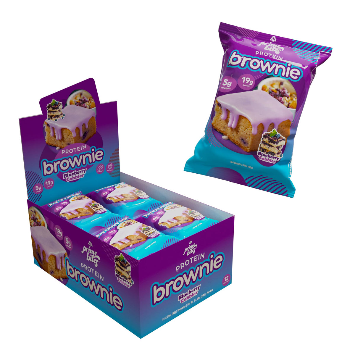 Alpha Prime Prime Bites Blueberry Cobbler brownie in box, protein-packed on-the-go snack.