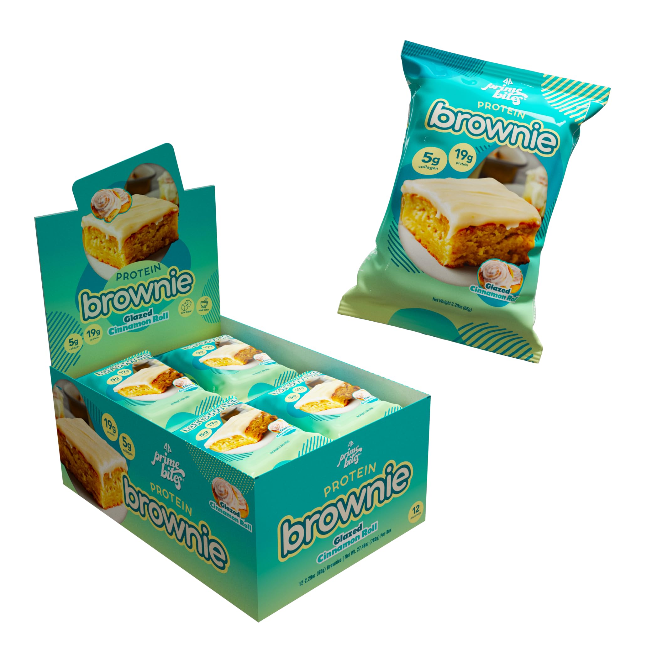 Alpha Prime Prime Bites Brownie in glazed cinnamon roll flavor, ideal for on-the-go indulgence.