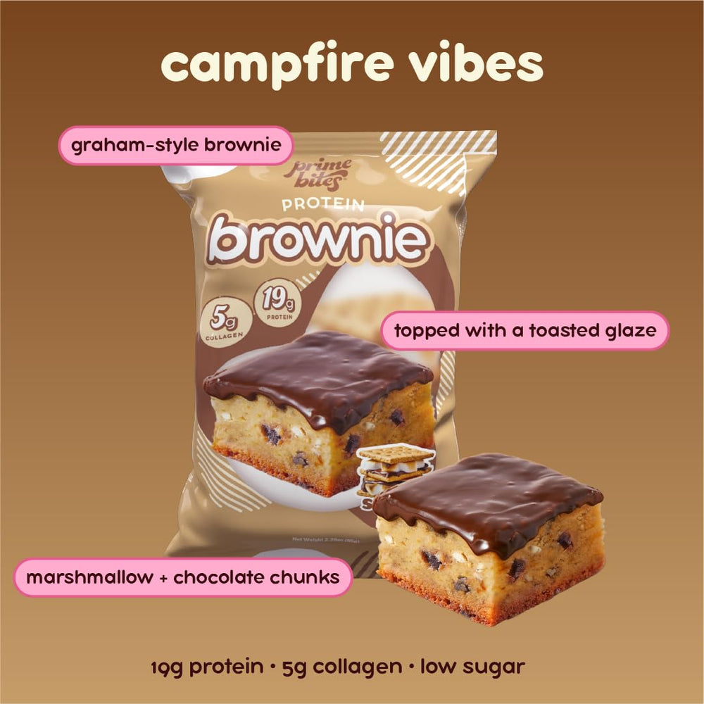 Nutrition panel highlights 19 g protein and 5 g collagen per brownie.