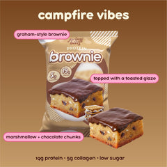 Nutrition panel highlights 19 g protein and 5 g collagen per brownie.