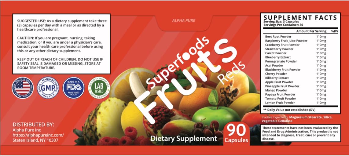 Alpha Pure colorful fruits and greens blend conveys diverse nutrient coverage.