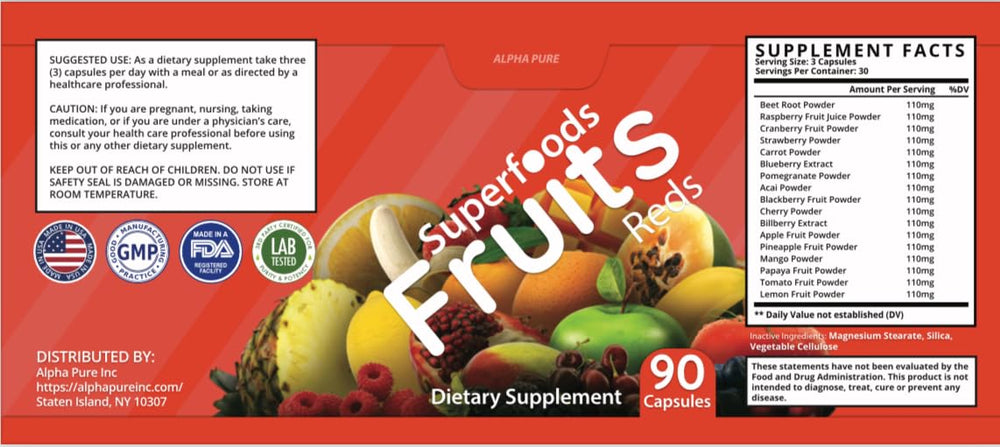 Alpha Pure colorful fruits and greens blend conveys diverse nutrient coverage.