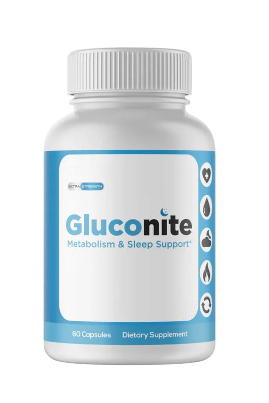 Alpha Pure Gluconite bottle shows metabolism support for restful nights.
