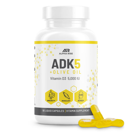 Alpha Rise ADK bottle closeup showing a potent fat-soluble vitamin blend for daily wellness