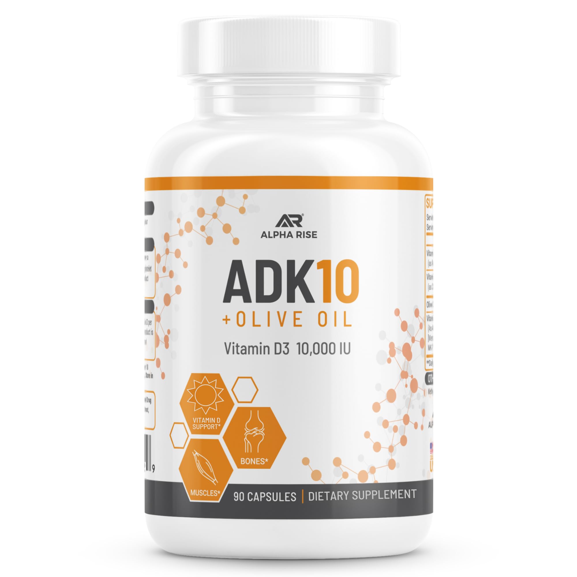 ALPHA RISE ADK10 bottle front view with 90 vegetarian capsules for daily support