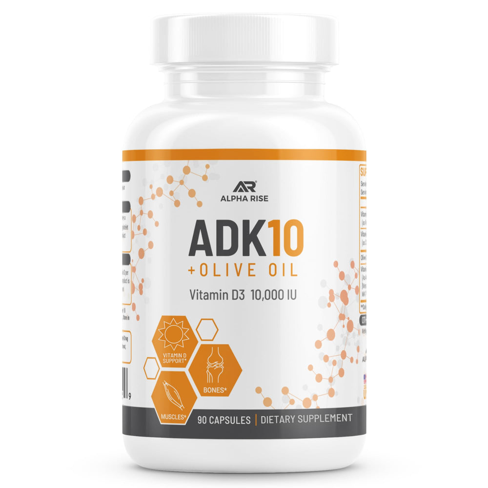 ALPHA RISE ADK10 bottle front view with 90 vegetarian capsules for daily support