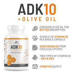 ALPHA RISE ADK10 bottle nutrition label showing high-potency D3 and fat-friendly formula