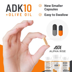 ALPHA RISE ADK10 bottle side view highlighting D3, A, and K2 blend