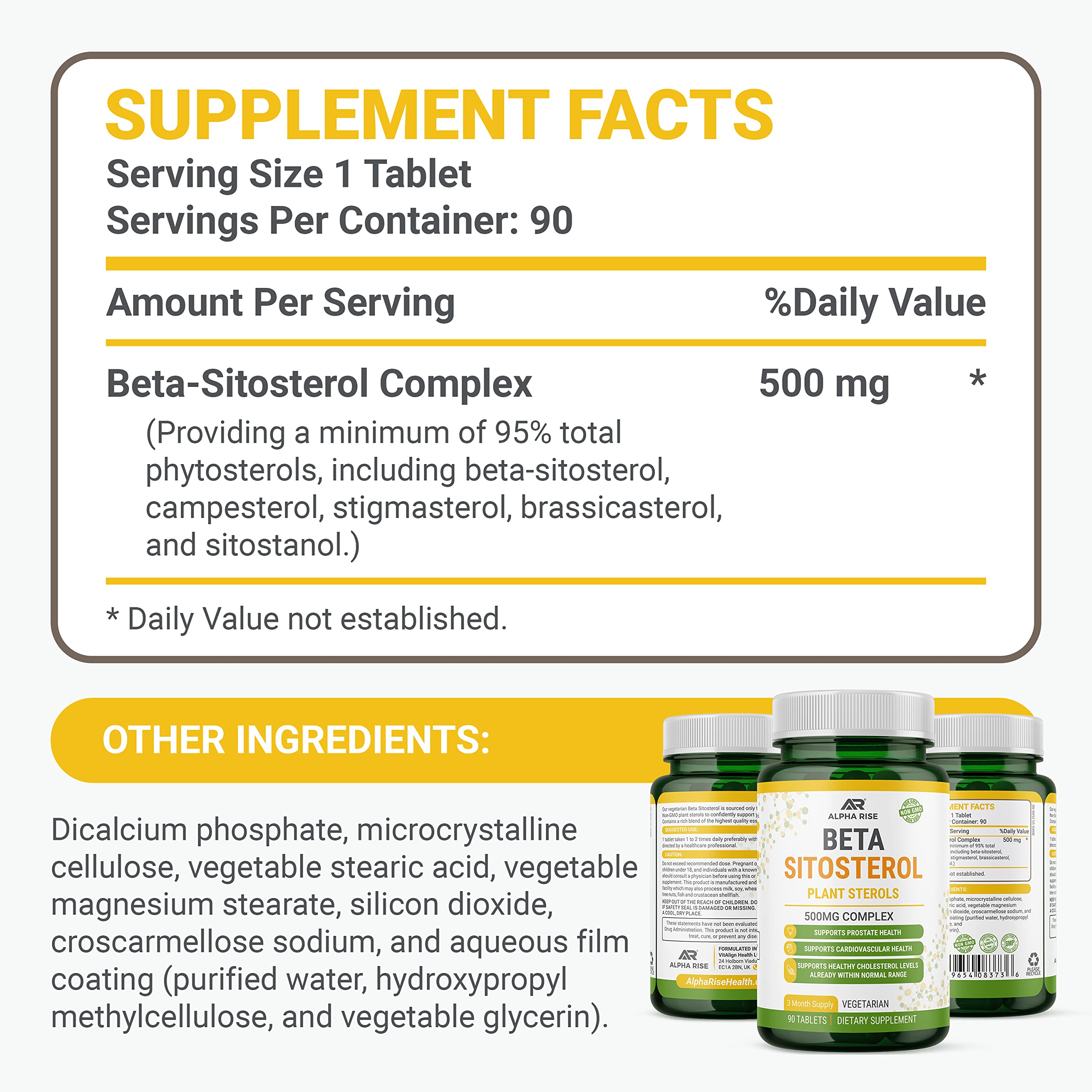 ALPHA RISE Beta Sitosterol packaging highlighting a 90-tablet supply