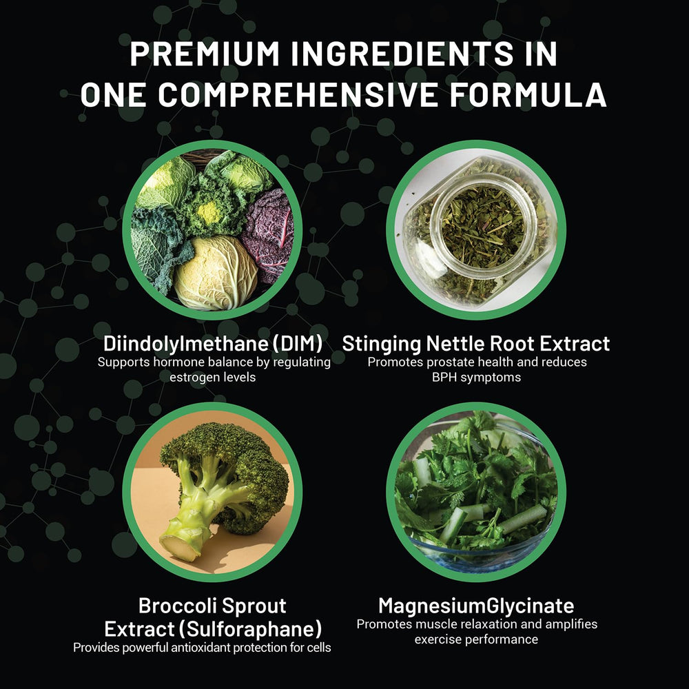 ALPHA RISE DIM XTRA 4 prostate-support visual highlights nettle root benefits.