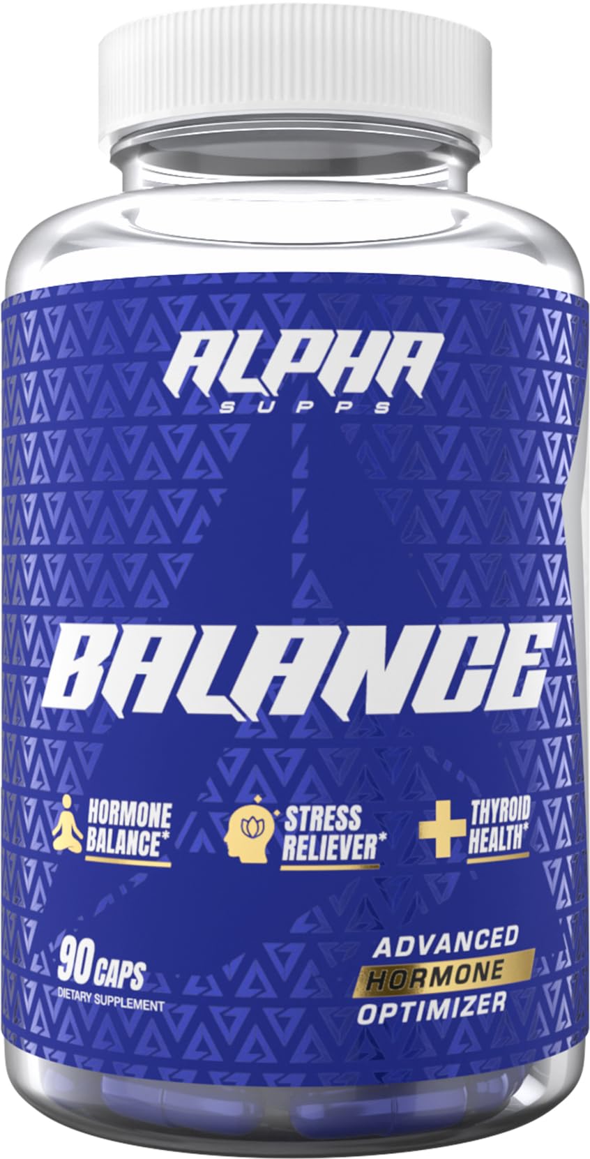 Alpha Supps Alpha Balance bottle label on a clean surface indicating hormonal support.