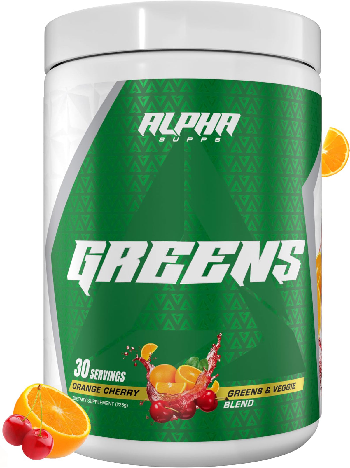 Alpha Supps Alpha Greens bottle front showing a comprehensive greens blend for daily nutrition.