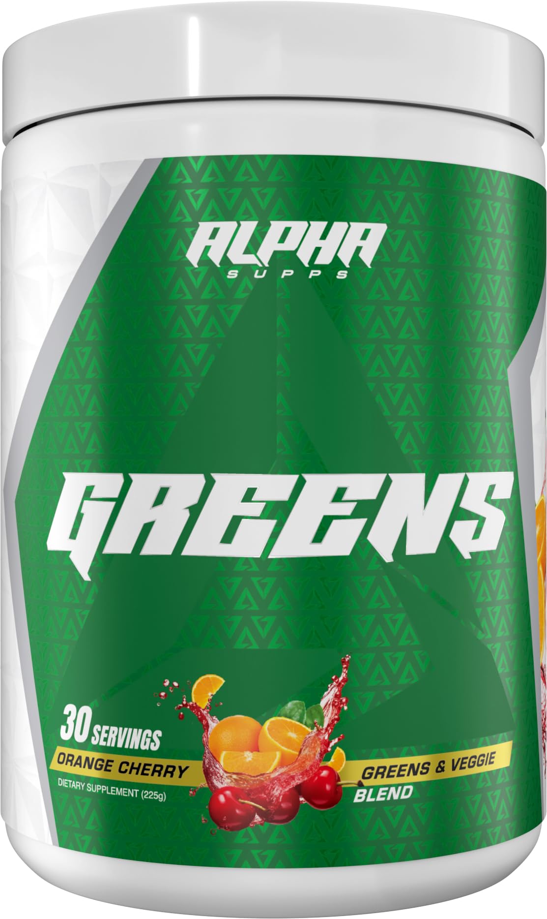 Alpha Supps Alpha Greens orange cherry flavor depicted in a ready-to-drink context.