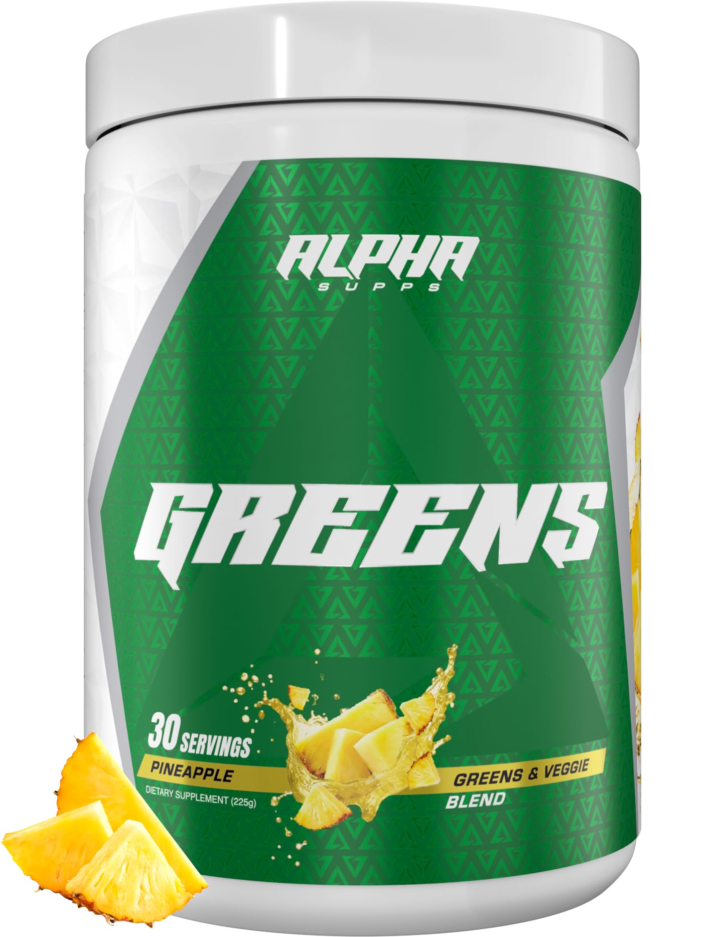 Alpha Supps Alpha Greens Pineapple bottle front promoting daily nutrition