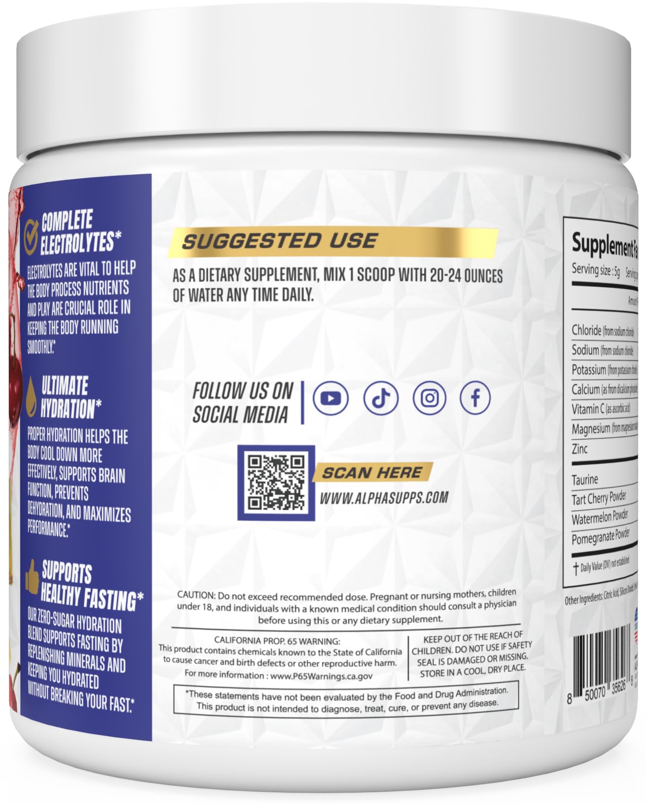 Glass shows Alpha Lytes Tropical Cherry drink dissolving to replenish essential electrolytes.
